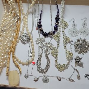 Silver-tone Bow Pendant Necklace with Purple Beaded Accent - Womens Jewelry Lot